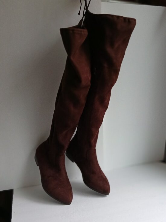 Brown Suede Wide Calf Flat Over the Knee Boot Side Zip TieTop NWOB Sz8.5 WW - Picture 2 of 15